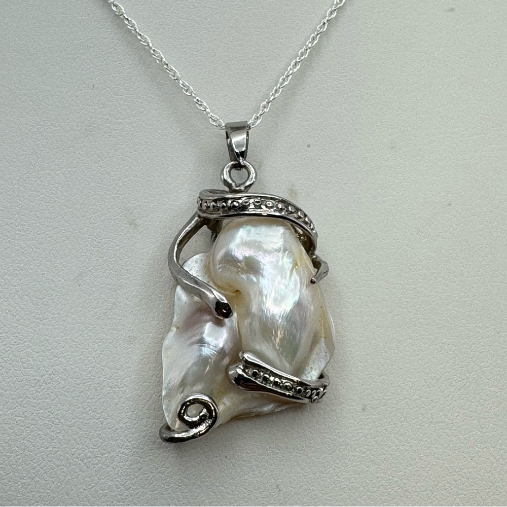 Sterling Silver Baroque Pearl Pendant Necklace 18” Organic Statement